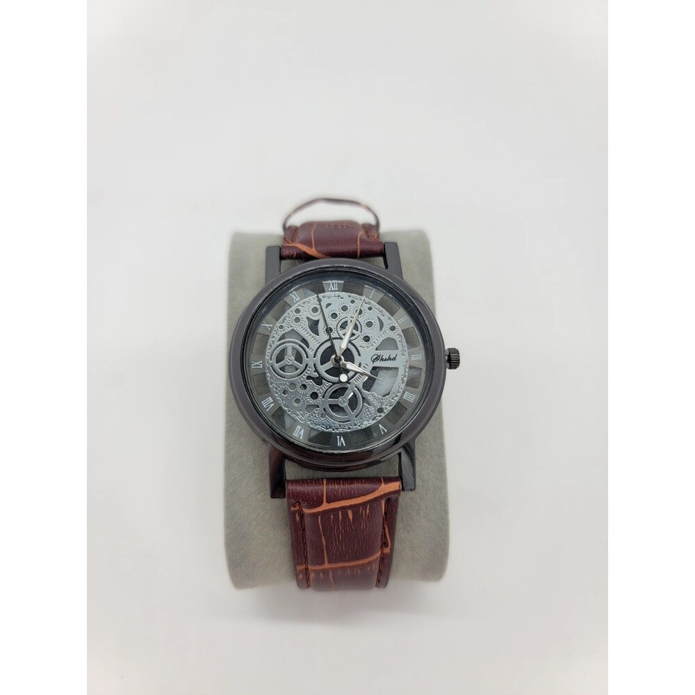 Mens Skeleton Watch by Shshd Elegant See Through Dial Faux Leather Strap